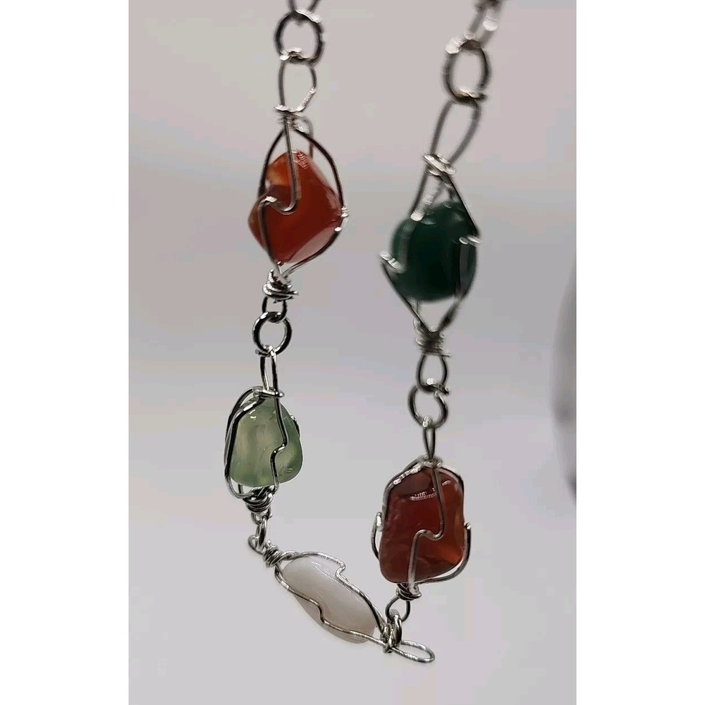 Vintage Polished Multicolor Quartz Stone Silver Tone Wire Wrap Art Boho Bracelet - Picture 4 of 10